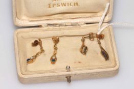 Pair sapphire and diamond ear pendants with 18 carat gold butterflies,