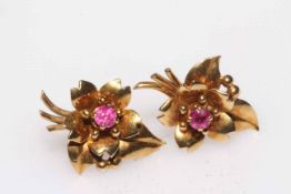 Pair 9 carat gold and ruby earrings.