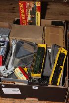 Box of model railway accessories, engine and tender, etc.