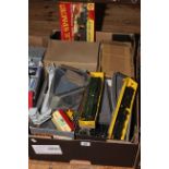 Box of model railway accessories, engine and tender, etc.