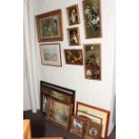 Collection of eighteen various pictures and mirrors including paintings on glass and painted