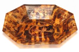 Tortoiseshell tray with gilt and lacquer chinoiserie decoration, 23.5cm across.