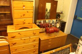 Schreiber dressing table, pine finish five drawer chest and three drawer pedestal chest (3).