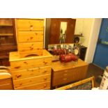 Schreiber dressing table, pine finish five drawer chest and three drawer pedestal chest (3).