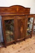 Edwardian mahogany and satinwood inlaid bow front centre three door vitrine, 150cm by 137cm by 39cm.