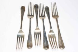 Set of six silver table forks, London 1973.