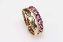 Amethyst seven stone 9 carat gold ring, size O, and tiny diamond set 9 carat gold ring, size S (2).