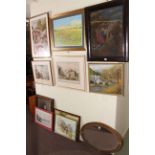 Collection of ten various pictures and oval framed wall mirror, including framed needlework,