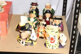 Collection of character jugs including Royal Doulton The Clown, Lord Nelson, etc.