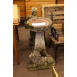 Weathered pedestal bird bath, garden figure and garden lion (3).