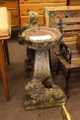 Weathered pedestal bird bath, garden figure and garden lion (3).