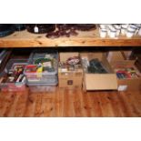 Seven boxes of railway coaches, Hornby model buildings, accessories, etc.