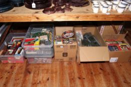 Seven boxes of railway coaches, Hornby model buildings, accessories, etc.