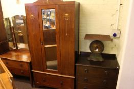 Early 20th Century oak mirror door wardrobe, dressing table and similar chest (3).
