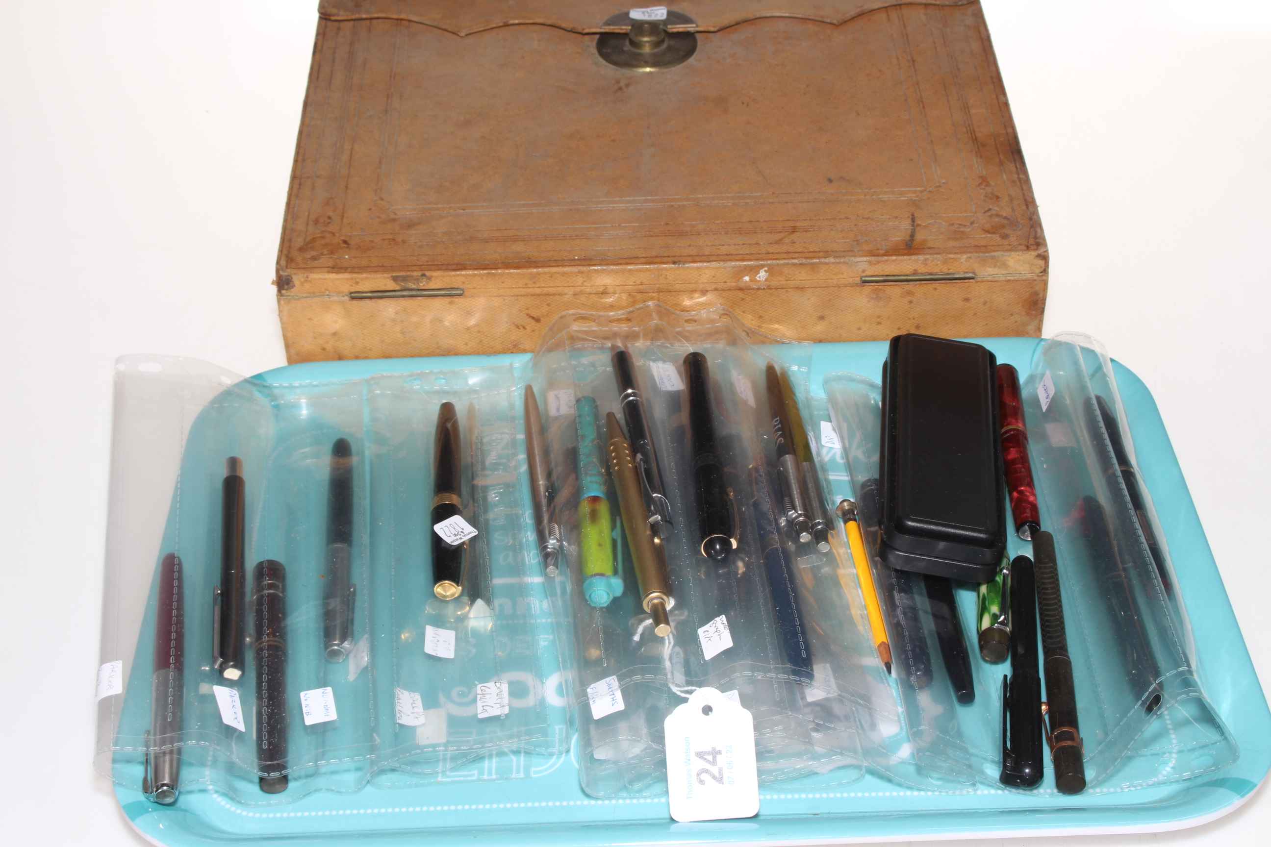 Vintage writing case and collection of mostly fountain pens.