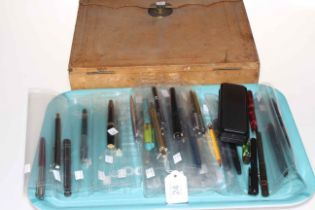 Vintage writing case and collection of mostly fountain pens.