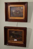 Hens in a Coup, pair 19th Century oils on canvas, indistinctly signed, 19cm by 24cm,