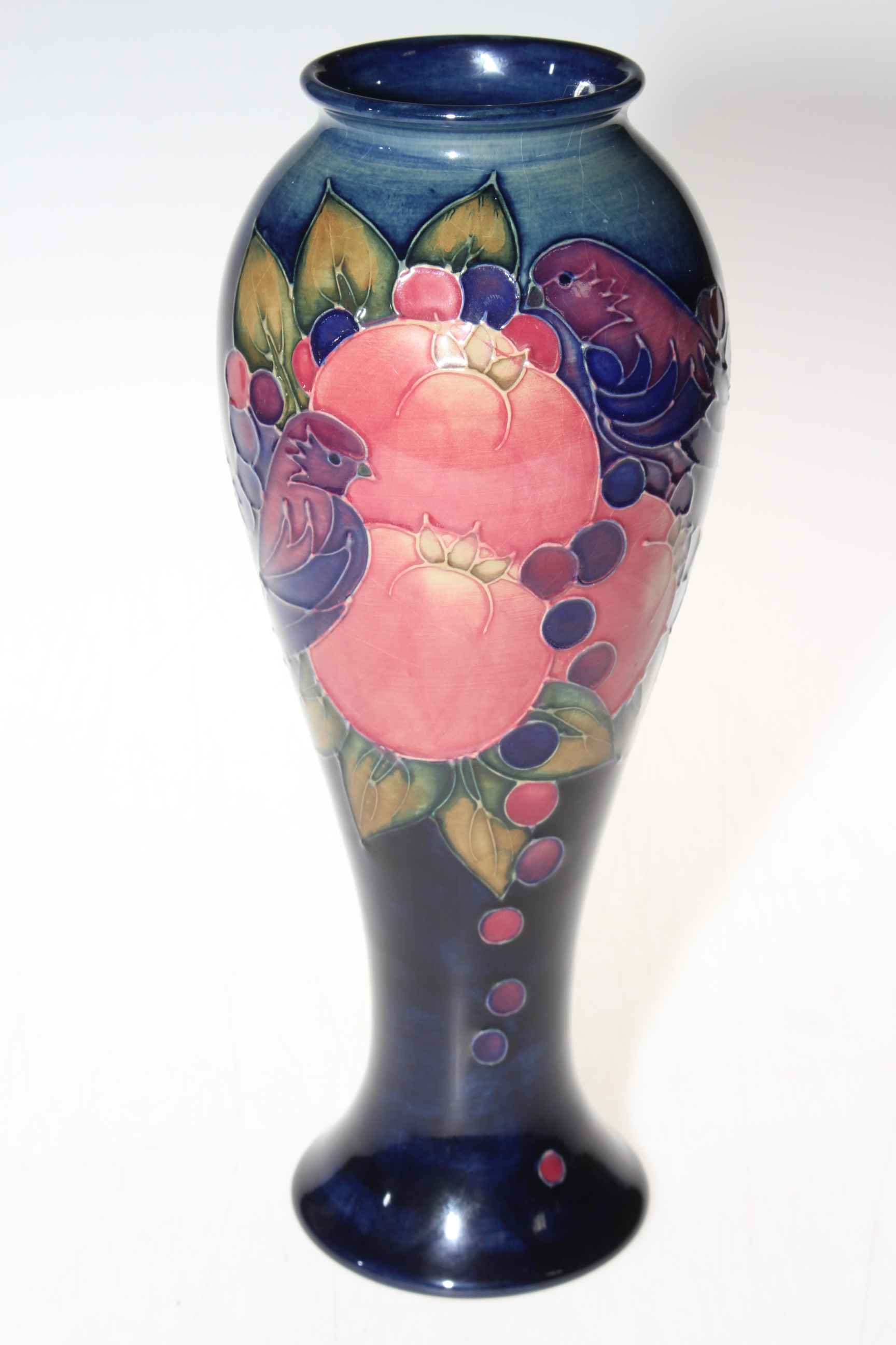 Moorcroft bird and fruit vase, 27.5cm.