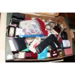 Box of costume jewellery, wristwatches, pearl necklaces, etc.