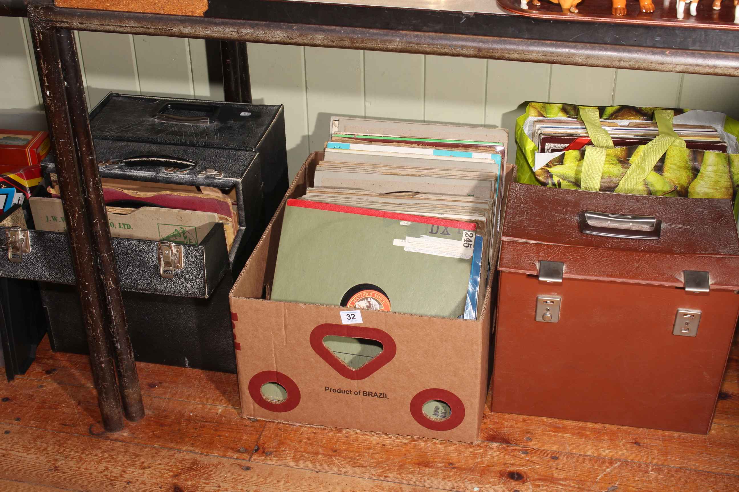 Three cases, box and bag of LP and 78 records.