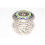 Chased white metal and enamel box, the lid with the name Lady Baldrey, 5.75cm high.