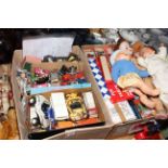 Diecast toy vehicles, dolls, games, Sooty and Muffin Mule puppets, vintage wooden pull-along, etc.