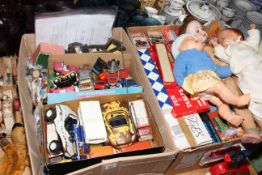 Diecast toy vehicles, dolls, games, Sooty and Muffin Mule puppets, vintage wooden pull-along, etc.