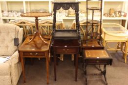Two Pembroke style tables, carved oak occasional table, oval pedestal wine table,