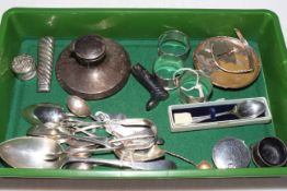Collection of silver pieces including George III tablespoon, napkin rings, inkwell, teaspoons,