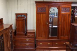 Victorian carved walnut and central mirror panel wardrobe, dressing table and pot cupboard