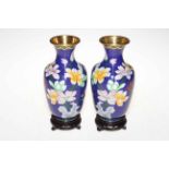 Pair cloisonné vases with stands, 23cm.