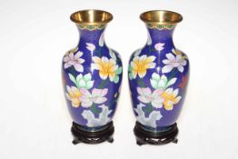 Pair cloisonné vases with stands, 23cm.
