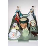 Five Royal Doulton ladies, Mr Pickwick character jug, two Old Tupton Ware clocks,