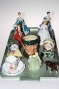 Five Royal Doulton ladies, Mr Pickwick character jug, two Old Tupton Ware clocks,