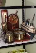 Admiral Fitzroy storm glass, wheel barometer, model ships, brass magnifier, marine barometer, etc.