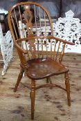 Windsor pierced splat back elbow chair with crinoline stretcher stamped John Harrison, Great Ayton.