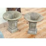 Pair small flared Verdigris garden urns, 26cm by 27cm diameter.