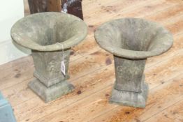 Pair small flared Verdigris garden urns, 26cm by 27cm diameter.