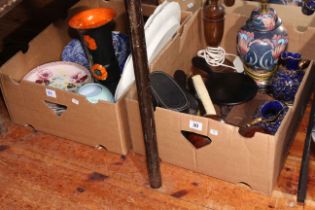Two boxes of various china, two woods, binoculars, gilt wall mirror, etc.