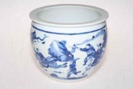 Chinese blue and white jardiniere decorated with figures on horseback, landscape and verse,