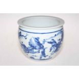 Chinese blue and white jardiniere decorated with figures on horseback, landscape and verse,