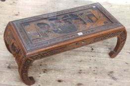 Oriental carved rectangular coffee table, 34cm by 87.5cm by 38cm.