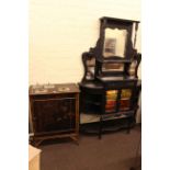 Victorian ebonised mirror backed parlour cabinet and Victorian bamboo and lacquered side cabinet