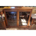 Edwardian mahogany and line inlaid astragal glazed two door bookcase on bracket feet,