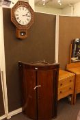 Victorian oak, mahogany and line inlaid two door bow front corner wall cabinet, 109cm,
