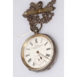 Late Victorian gents silver pocket watch with metal albert and key.