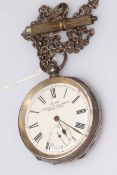 Late Victorian gents silver pocket watch with metal albert and key.