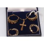 Two 9 carat gold garnet rings, gold cross pendant, earrings and fine chain.