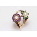 Amethyst and opal cluster 9 carat gold ring, size P, and pearl ring, size N/O (2).