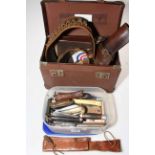 Collection of pocket knives and holster and cartridge belt, etc.